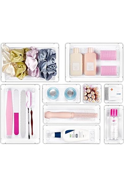 Generic 9 PCS Drawer Organiser Set, 4 Size Clear Plastic Desk Storage Boxes, Acrylic Vanity Organizer Tray f