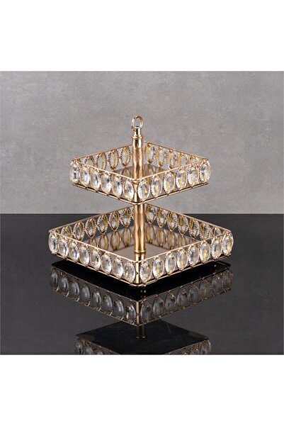 Hinora Kristal Oval Taşlı Aynalı Kare 2 Katlı Sunumluk Kurabiyelik 22-16cm