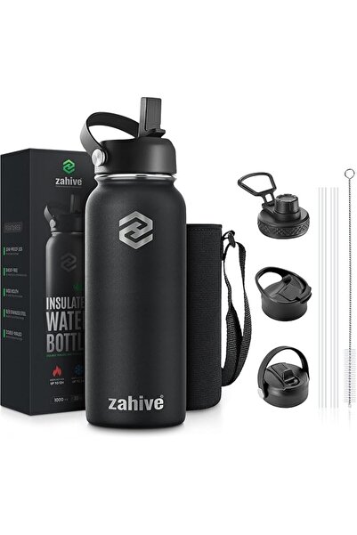 Generic زجاجة مياه من الفولاذ المقاوم للصدأ سعة 1 لتر مع 3 أغطية وحقيبة - زجاجة مياه معزولة بقشة - سعة 1000 مل مزدوجة