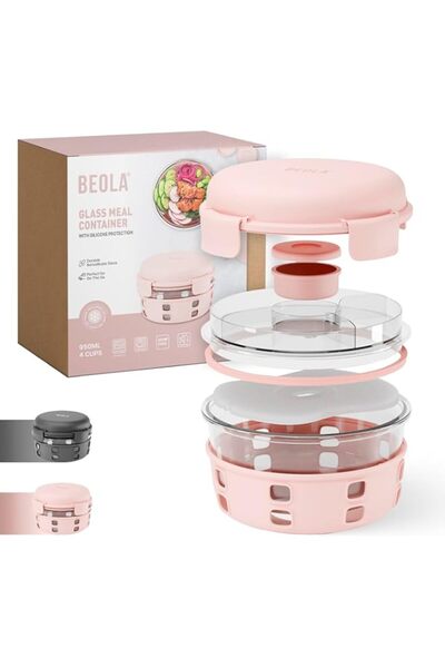 Generic BEOLA Lunch Box, Food Container with Ice Pack, Sauce Cup, 3 Compartment Tray, Borosilicate BPA Free