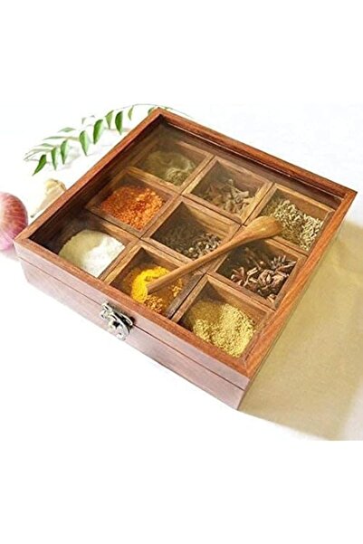 Generic Acewood Storage Containers/Spice Box With Spoon In Sheesham Wood - Wooden Masala Box/Spice Rack Orga