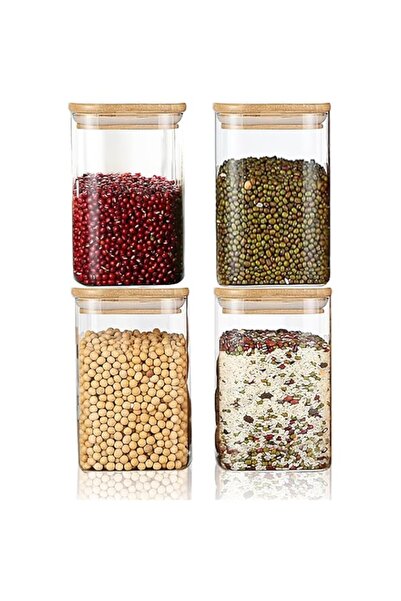 Generic Freeway 37oz Airtight Glass Square Storage Canister with Bamboo Lid Set of 4 (1200ml) Container Stac
