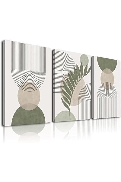 Generic مجموعة من 3 لوحات فنية جدارية من KBKBART باللون الأخضر الحكيم بوهو، بإطار بسيط، خطوط هندسية، أوراق شجر، شمس، قمر، قماش بيج