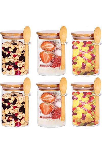 Generic MAMATOONS 6-Pack 450ml(15oz) Glass Jars With Aitight Bamboo Lids and Spoon,Spice Jars Overnight Oats