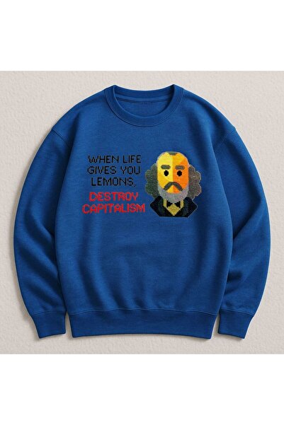 MAYDAY CULTURE Синя двуслойна унисекс блуза с DTF печат, лека, свободна кройка