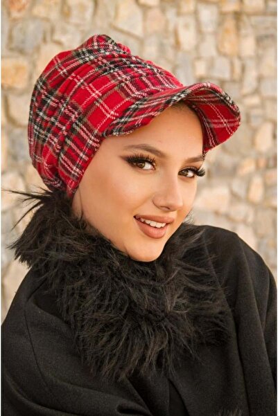 Aişe tesettür Red Plaid Pattern Hijab Hat