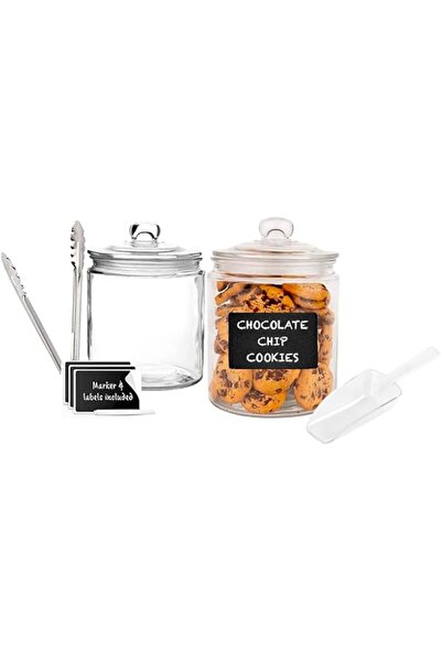 Generic PESCADOR Glass Lidded Storage Jars Set With Chalk, Shovels, Tongs, Labels, Set of 2, 1i7 L, Clear