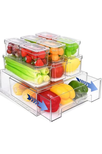 genric AMROAH ترقية 2024 10 صناديق تنظيم الثلاجة مع أغطية وأدراج للتخزين قابلة للتكديس في الثلاجة