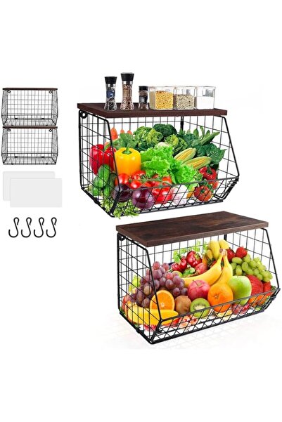 genric سلة فاكهة SPNOR، سلال سلكية لتخزين البصل مع غطاء خشبي، قطعتان قابلتان ...