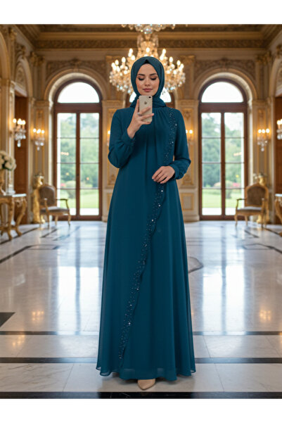 ALA MİRA Petrol Mavisi Allerli Talşı Tesettür Abiye Elbise ALM52012PM