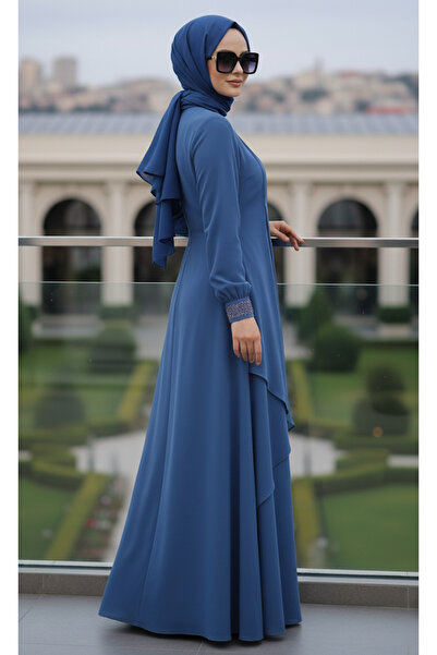 ALA MİRA Petrol Mavisi Taşlı Tesettür Şifon Abiye Elbise ALM52035PM