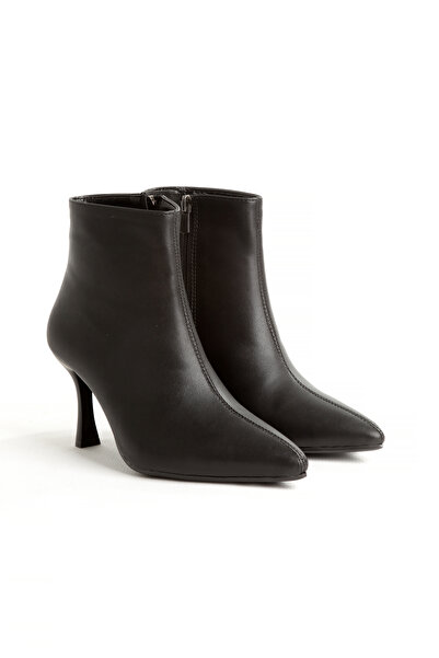 MİNNACE Kadın Botu Siyah Cilt Sivri Burunlu 9 cm İnce Ökçeli Fermuarlı Yeni Sezon