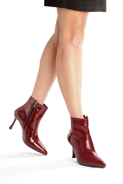 MİNNACE Kadın Botu Bordo Rugan Sivri Burunlu 9 cm İnce Ökçeli Fermuarlı Yeni Sezon