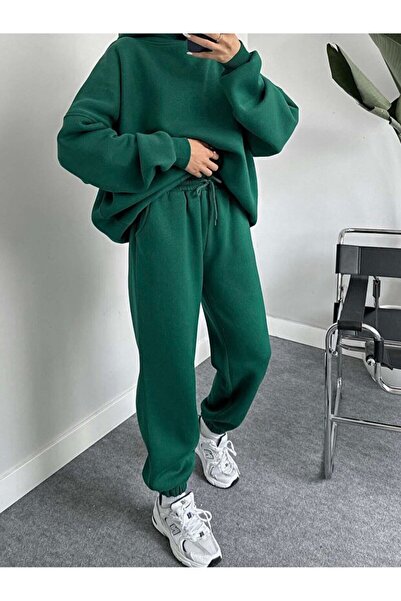 LiyAdaCo طقم رياضي نسائي أخضر اللون - سترة علوية وسروال سفلي بثلاثة خيوط - هودي