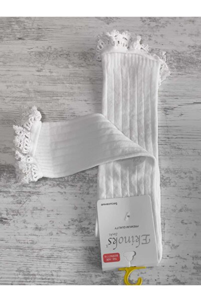 Ekinoks Girl's Knee-High Socks Cotton Ribbed Lace Scented Breathable Anti-Sweat Single Ecru