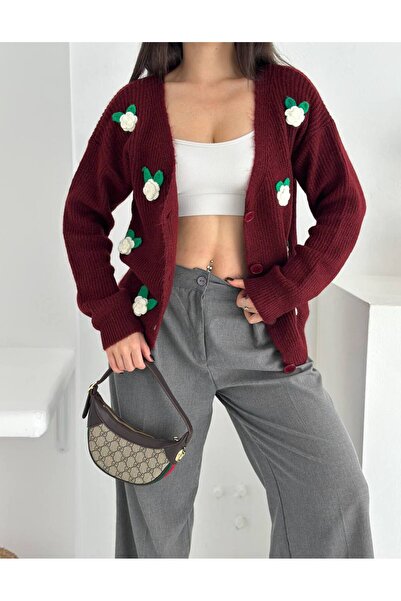 sportiness Rose Patterned Soft Textured Buttoned Knitwear Cardigan