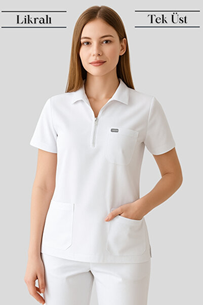 Simirna Üniforma Beyaz Polo Yaka Fermuarlı Premium Kumaş Likralı Cerrahi Dokt...