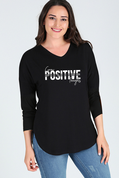 Curvy Trend Plus Size Grow Positive Thoughts Printed Long Sleeve Side Slit Blouse
