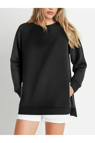 Curvy Trend Plus Size Zipper Slit Detail Soft Flowy Fabric Raglan Sleeve Sweashirt