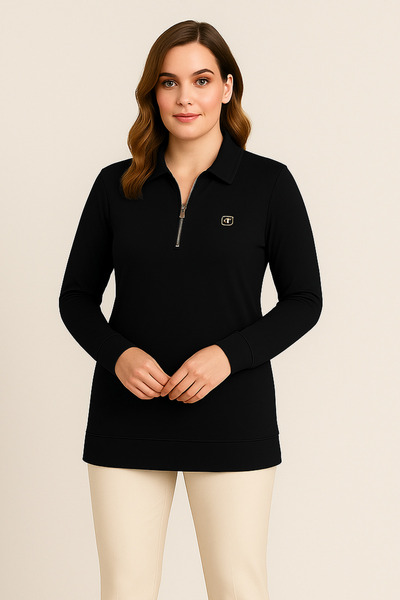 Curvy Trend Plus Size Polo Neck Zippered 2 Thread Crystal Fabric Swaetshirt