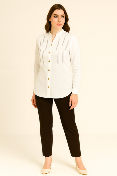 Curvy Trend Plus Size Drop Stone on the Front Folded Long Sleevesofia Linen Shirt