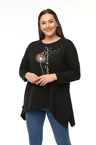 Curvy Trend Plus Size Breathe Printed Long Sleeve Slit Blouse