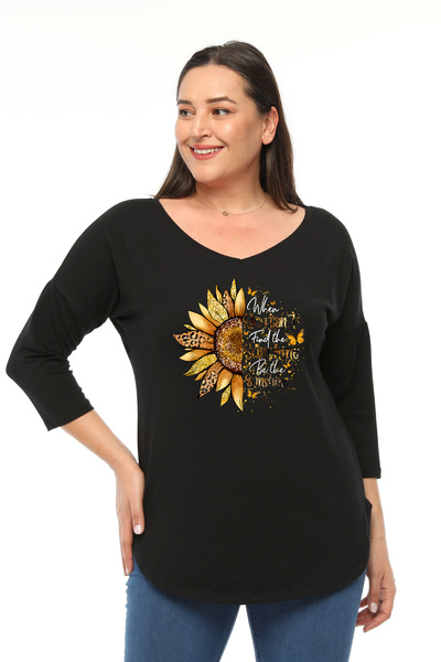 Curvy Trend Plus Size Be the Sunshine Printed Wide V-Neck Half Sleeve Oval Slit Blouse