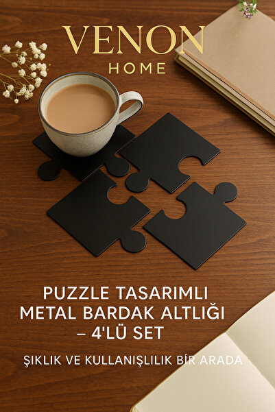 VENON Puzzle Design Metal Coaster Set – Set of 4, Black, 1.5 mm Thickness
