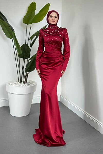 MERVEN AKYÜZ Wanda Saten Taşlı Balık Abiye Bordo