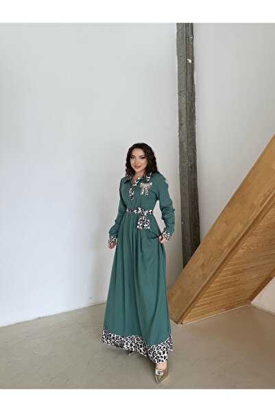 MaxiMor Women's Leopard Print Detailed Belted Hijab Suitable Long Length Dress