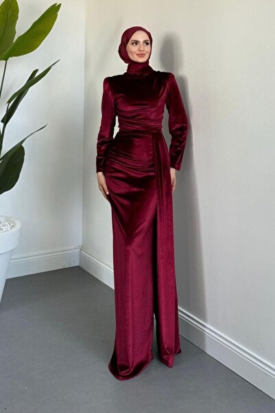MERVEN AKYÜZ Samy Kadife Kumaş Balık Elbise Bordo
