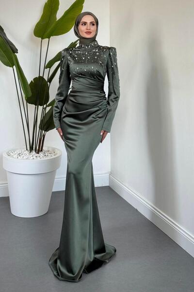 MERVEN AKYÜZ Wanda Saten Taşlı Balık Abiye Haki