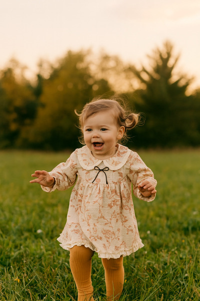 ETİC MODA Girls' Long Sleeve Floral Print Ruffle Collar Dress – Cream