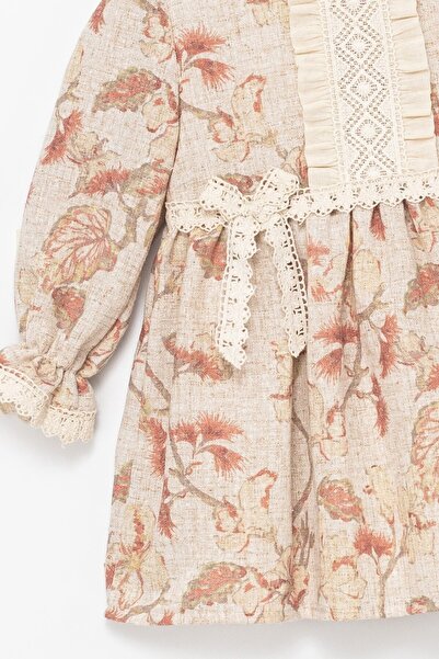 ETİC MODA Girl's Long Sleeve Lace Detailed Floral Pattern Dress – Cream