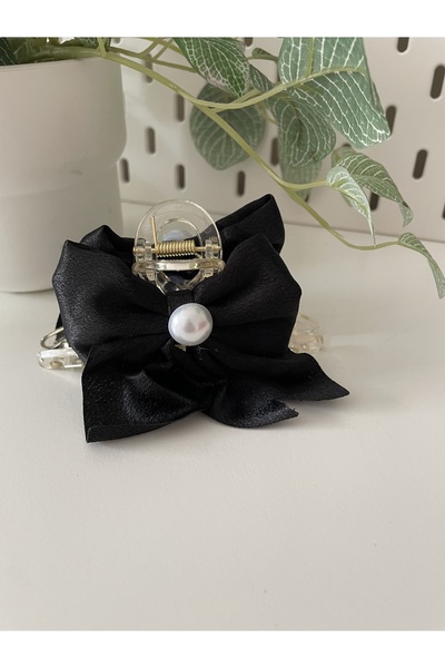 By Selen Suyolcu Satin Fabric Dangling Bow with Enamel Coated Half Pearl Clasp