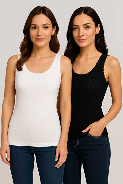 GÜMÜŞ 2 Pieces Women's Jacquard Tank Top Wide Strap Black-White 100% Cotton