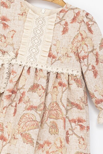 ETİC MODA Girl's Long Sleeve Lace Detailed Floral Pattern Dress – Cream