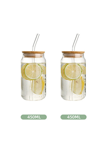Choice1 401-500ml 450ML 2Pcs Glass Straw Cup with Dustproof Wooden Lid Heat-resisting Transparent Glass Bott