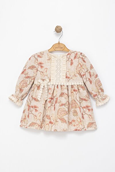 ETİC MODA Girl's Long Sleeve Lace Detailed Floral Pattern Dress – Cream