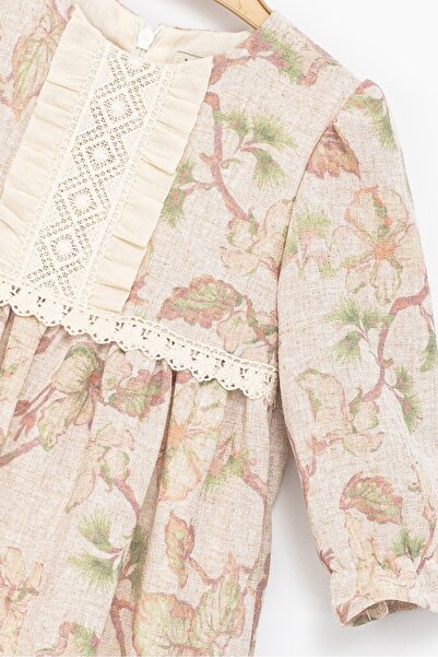 ETİC MODA Kız Çocuk Uzun Kollu Dantel Detaylı Floral Desenli Elbise – Krem