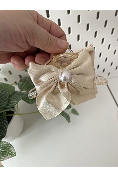 By Selen Suyolcu Satin Fabric Dangling Bow with Enamel Coated Half Pearl Clasp
