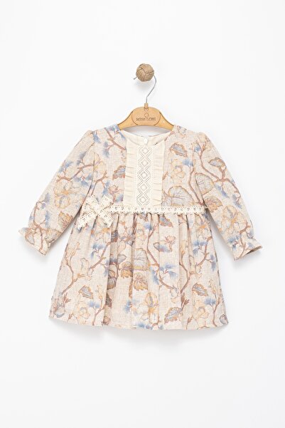 ETİC MODA Girl's Long Sleeve Lace Detailed Floral Pattern Dress – Cream