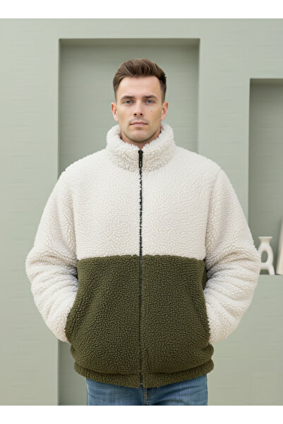 Fifty Color Trend, Unisex, Χακί-Λευκό, αντίθεση χρωμάτων , Με φερμουάρ, ψηλός λαιμός , Sherpa, Fleece, Μπουφάν