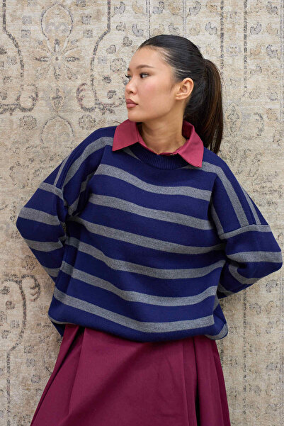 KÜÇÜĞÜM BUTİK Striped Grey-Navy Blue Oversize Knit Sweater