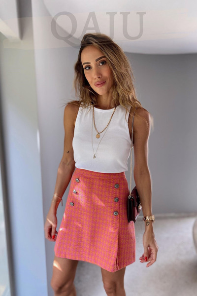 Qaju Kadın Kazayağı Desenli Turuncu Pembe Şık Mini Etek