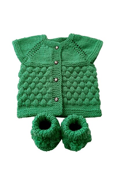 Meralin Elinden Hand Knitted Green Newborn Vest and Booties