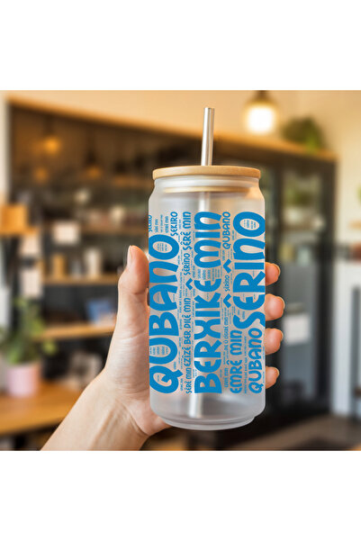 ZERYA Water Milk Juice Glass Drinking Bottle with Straw (600 ml) - Special Words of Affection in Kurdish for Boys