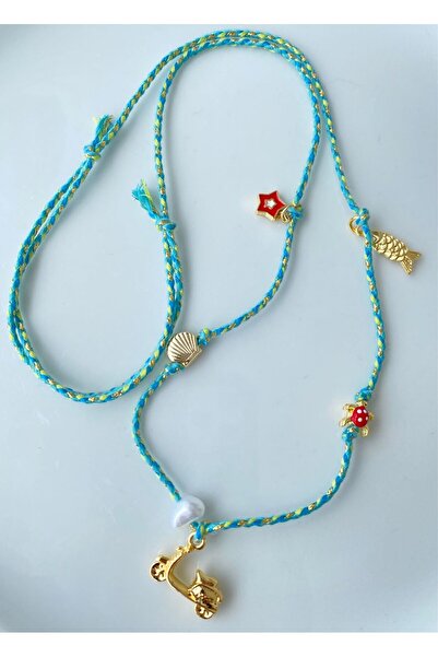 Shepidi Seyahat ,tatil temalı, bisiklet gold obje mavi ip kolye