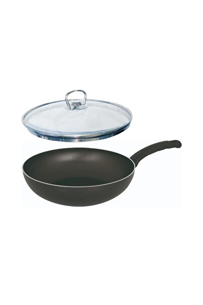 Mehtap Teflon Wok Pan - 24 cm with Glass Lid