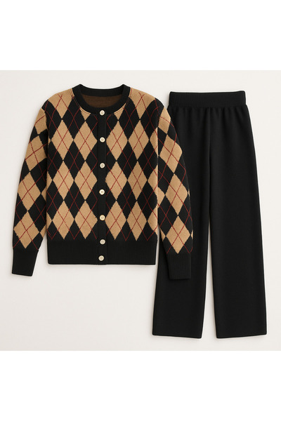 Alos Women's Black Argyle Pattern Knitwear Cardigan and Pants Standard Size Comfortable Two-Piece Set
